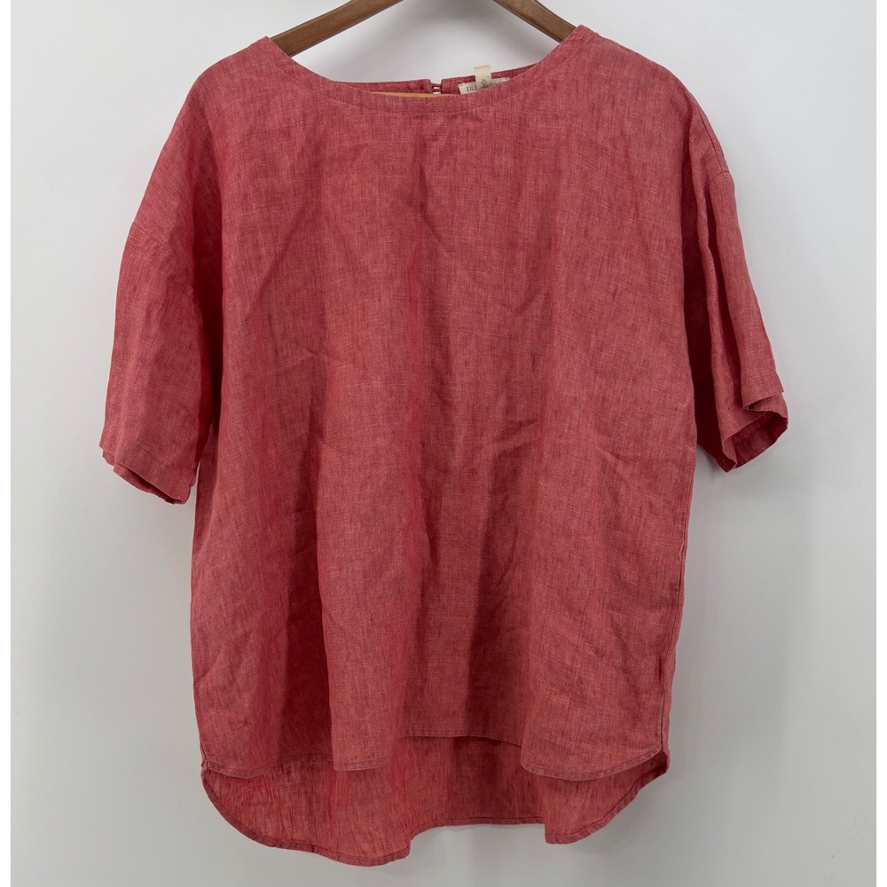 Eileen Fisher Delave Box Top Women's Large 100% Organic Linen Short Sleeve